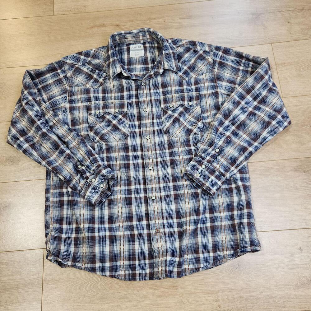Ariat Holland Retro Shirt Mens XL Blue Plaid Long Sleeve Western Pearl Snap
